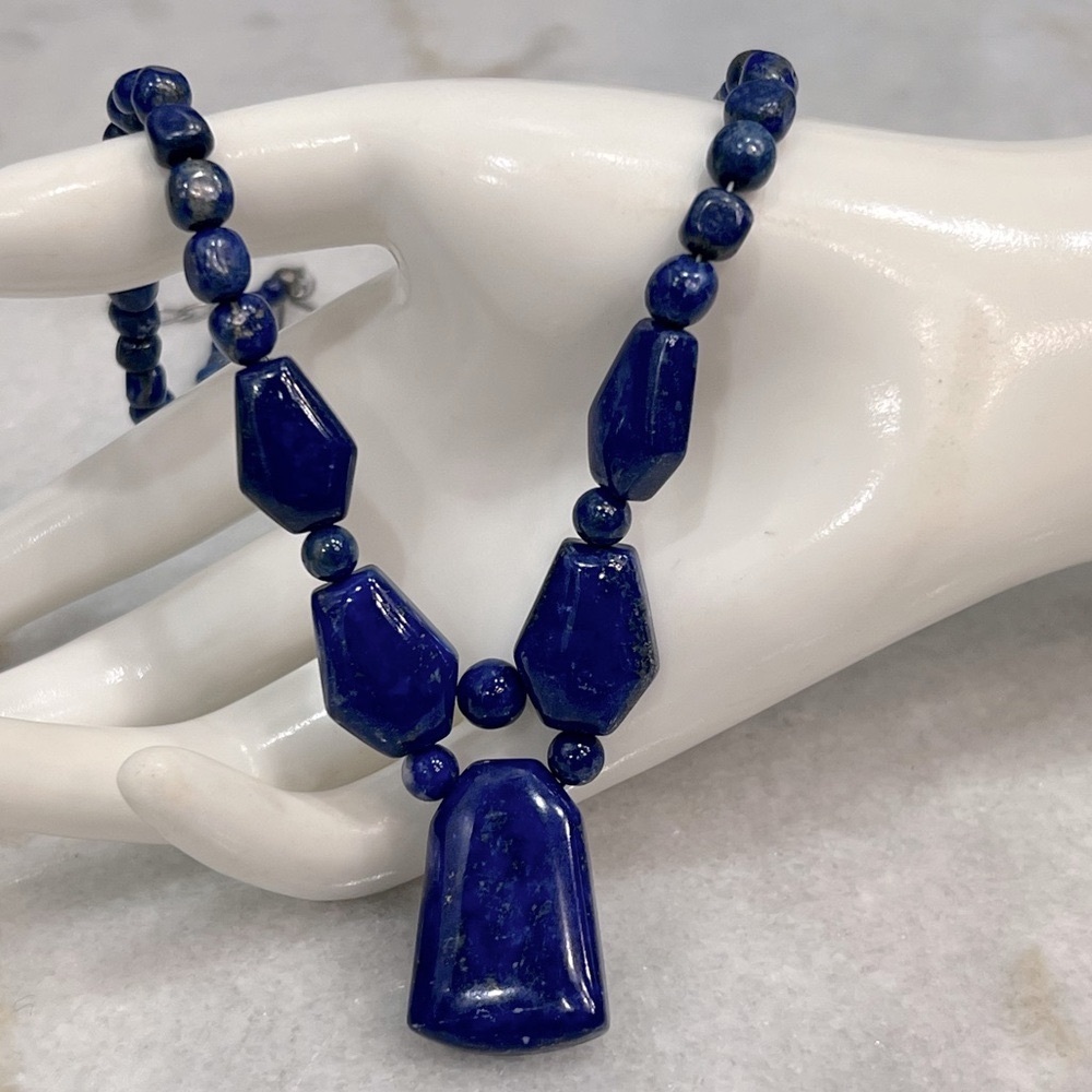 Lapis Lazuli Beaded Stone Pendant Sterling Silver Necklace